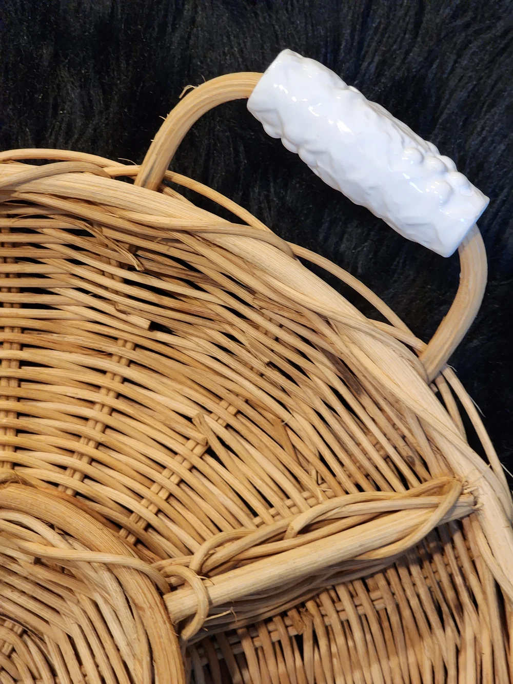 Woven Rattan Divided Serving Basket with White Ceramic Handles